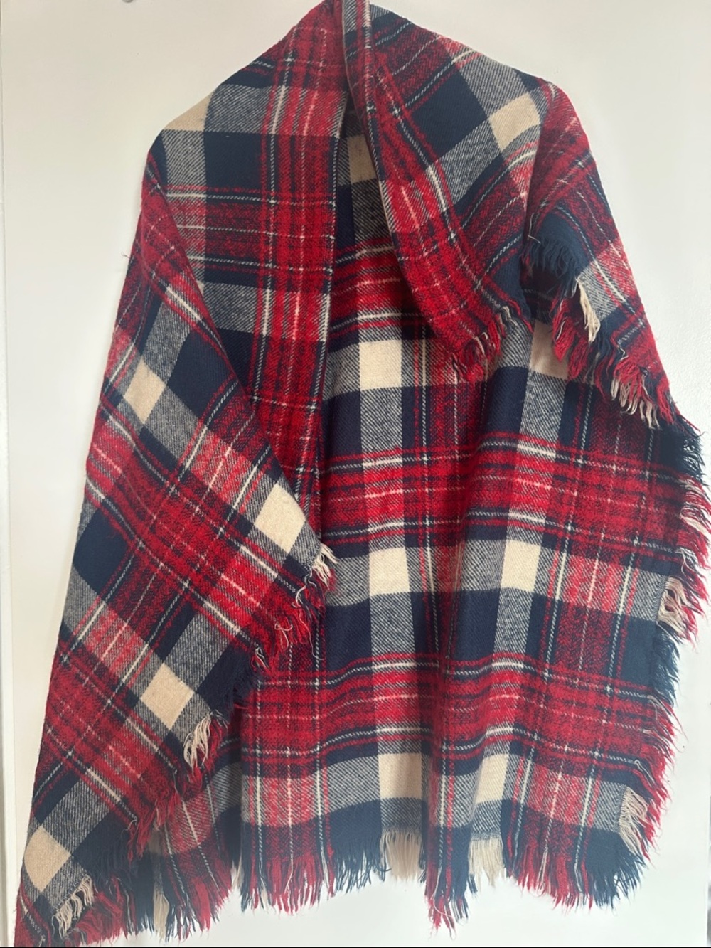 Zara Red Navy Cream Plaid Fringe Wrap Scarf